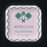 Pink Green Retro Pickleball 30th Birthday Paper Plates<br><div class="desc">Pink Green Retro Pickleball 30th Birthday Plates</div>