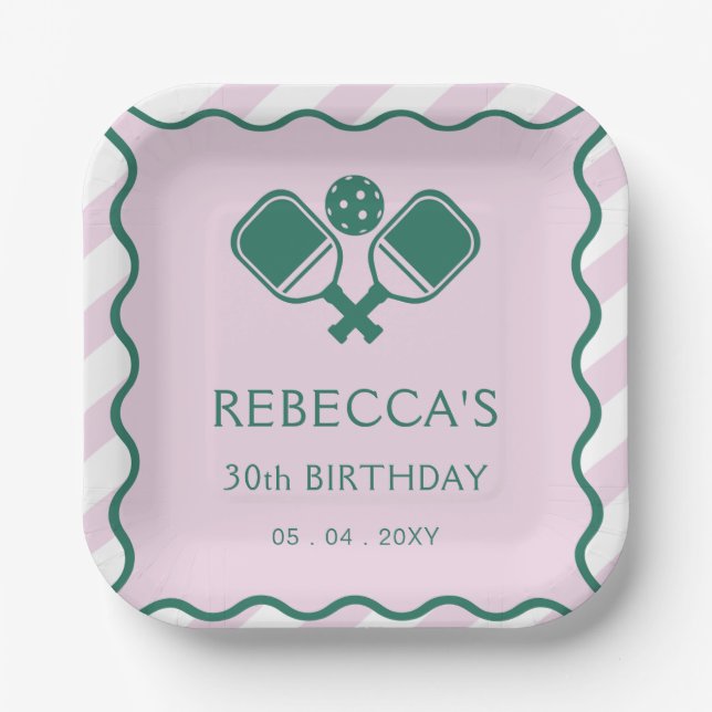 Pink Green Retro Pickleball 30th Birthday Paper Plates (Front)