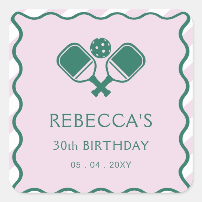 Pink Green Retro Pickleball 30th Birthday Square Sticker (Front)