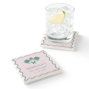 Pink Green Retro Pickleball 30th Birthday Stone Coaster