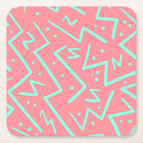 Pink  Green Retro Psychedelic Design Square Paper Coaster