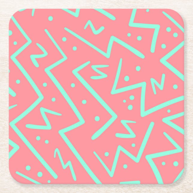 Pink & Green Retro Psychedelic Design Square Paper Coaster (Front)