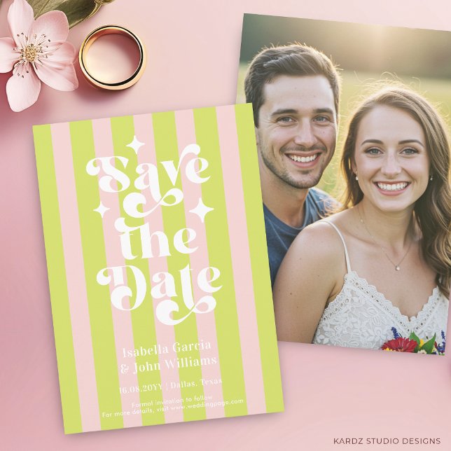 Pink Green Retro Typography Wedding Save The Date Announcement (The front and back of the invitation shown in a 5x7-inch size. Choose size, paper, and corner style.)