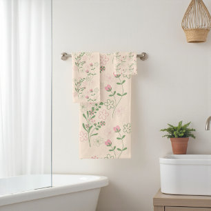 Pink Green Retro Y2K 70s Flower Pattern Bath Towel Set