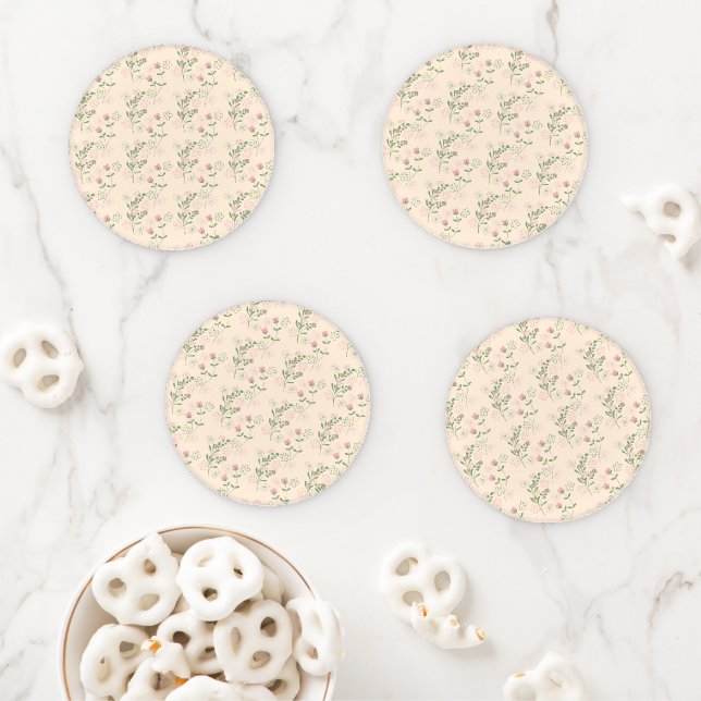 Pink Green Retro Y2K 70s Flower Pattern Coaster Set (In Situ)