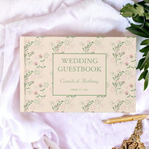 Pink Green Retro Y2K 70s Flower Pattern Guest Book