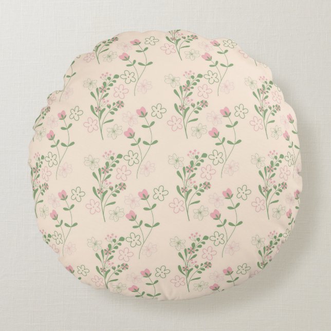 Pink Green Retro Y2K 70s Flower Pattern Round Pillow (Front)