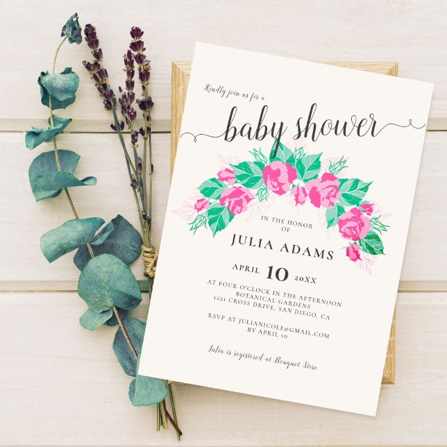 Pink Green Rose Flowers Garden Baby Shower Invitation (Creator Uploaded)