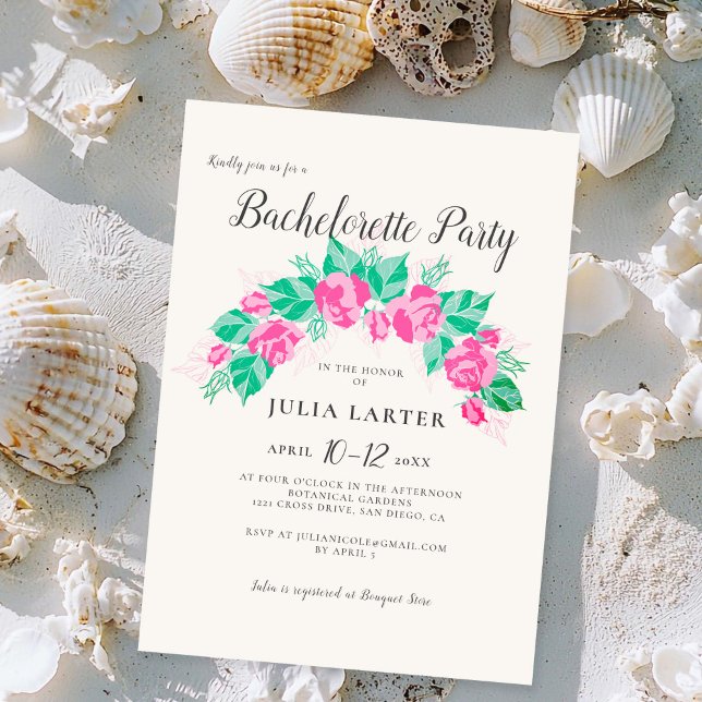 Pink Green Rose Flowers Garden Bachelorette Party Invitation (Creator Uploaded)