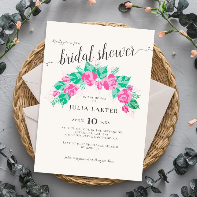 Pink Green Rose Flowers Garden Bridal Shower Invitation (Creator Uploaded)