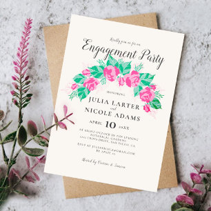 Pink Green Rose Flowers Garden Engagement Party Invitation
