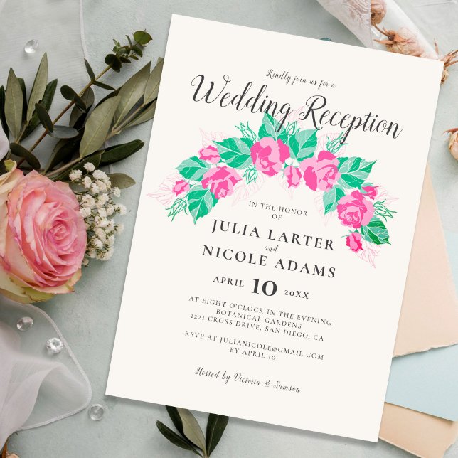 Pink Green Rose Flowers Garden Wedding Reception Invitation (Creator Uploaded)
