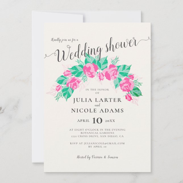 Pink Green Rose Flowers Garden Wedding Shower Invitation (Front)
