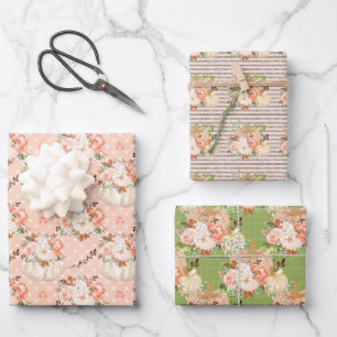 Pink Green Rose Gold Floral Pumpkins Pattern Party Wrapping Paper Sheets