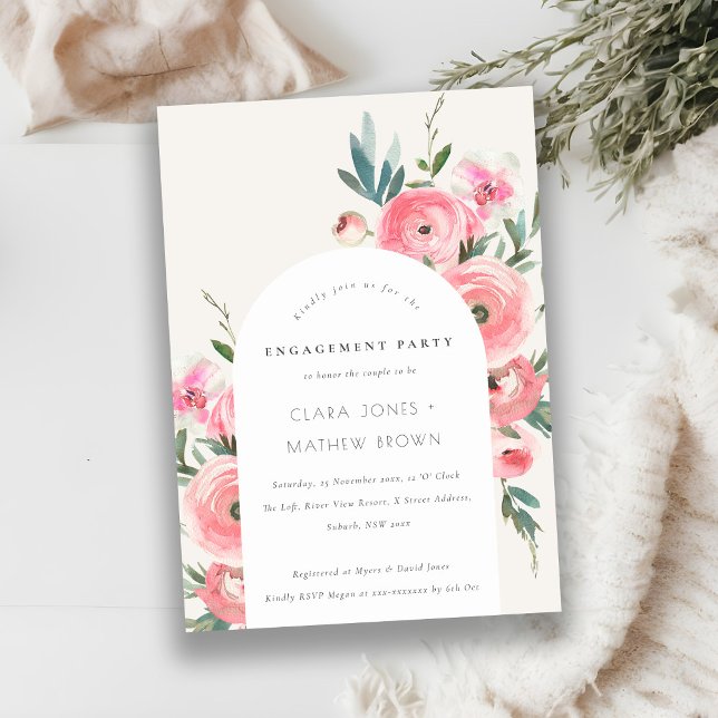 Pink Green Rose Orchid Arch Floral Engagement Invitation (Creator Uploaded)