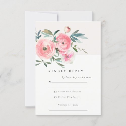 Pink Green Rose Orchid Watercolor Floral Wedding RSVP Card