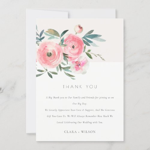 Pink Green Rose Orchid Watercolor Floral Wedding Thank You Card