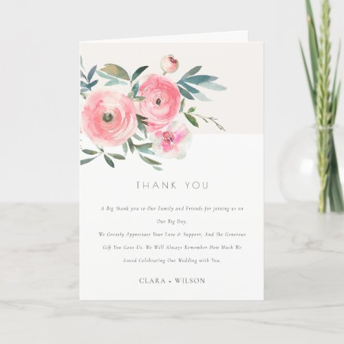 Pink Green Rose Orchid Watercolor Floral Wedding Thank You Card