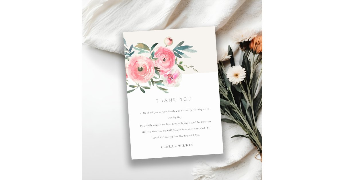 Pink Green Rose Orchid Watercolor Floral Wedding Thank You Card | Zazzle