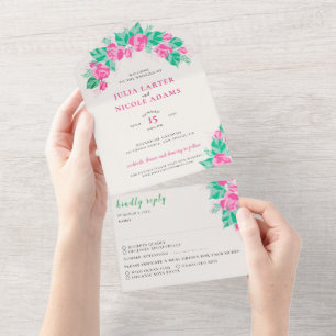 Pink Green Rose Petals Flowers Garden Wedding All In One Invitation