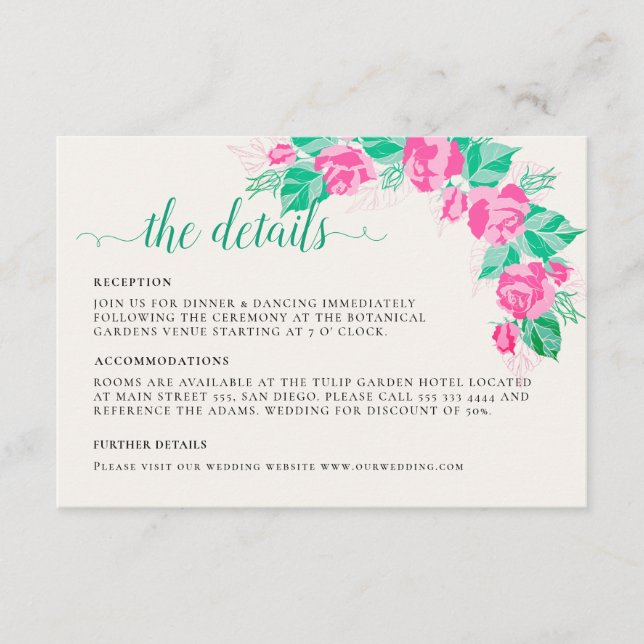 Pink Green Rose Petals Flowers Garden Wedding Enclosure Card (Front)