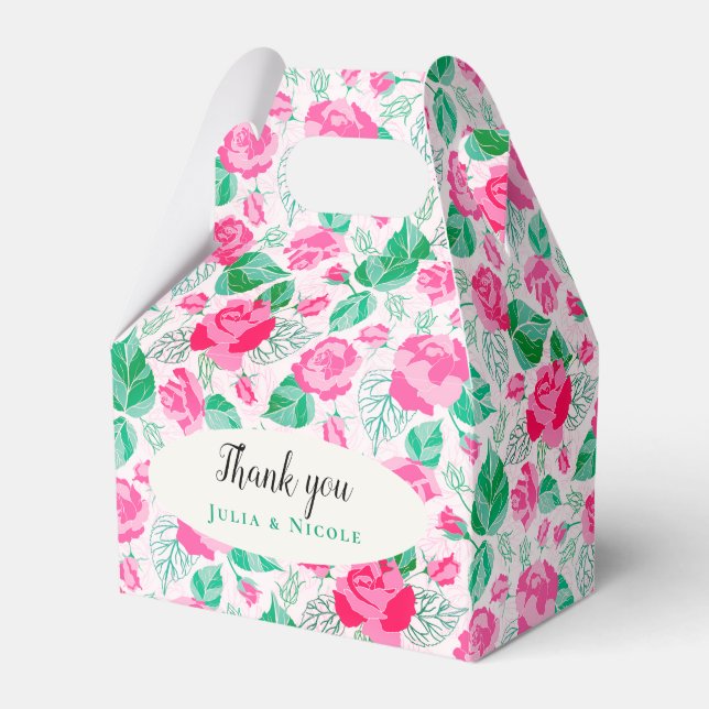 Pink Green Rose Petals Flowers Garden Wedding Favor Boxes (Front Side)