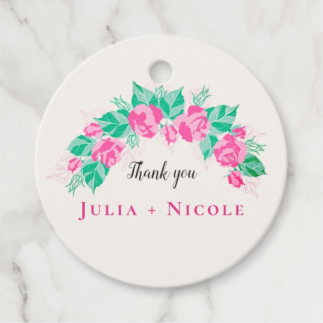 Pink Green Rose Petals Flowers Garden Wedding Favor Tags (Front)