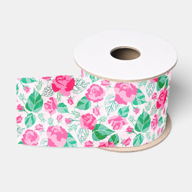 Pink Green Rose Petals Flowers Garden Wedding Grosgrain Ribbon (Spool)