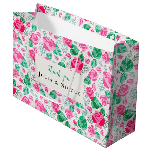 Pink Green Rose Petals Flowers Garden Wedding Large Gift Bag (Front Angled)