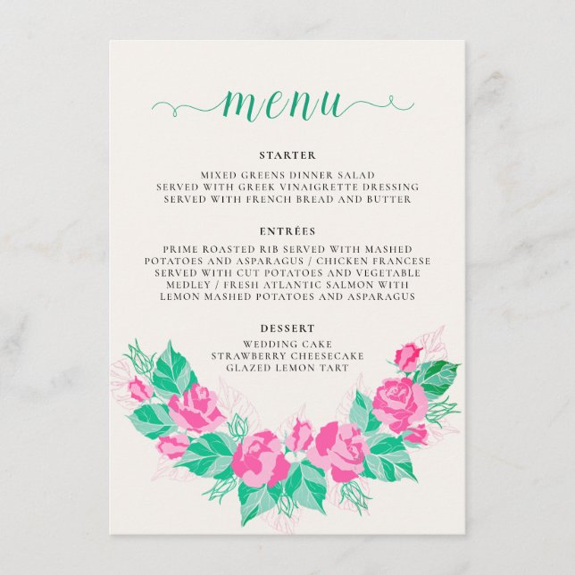 Pink Green Rose Petals Flowers Garden Wedding Menu (Front)