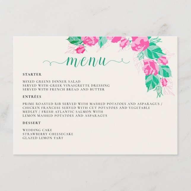 Pink Green Rose Petals Flowers Garden Wedding Menu (Front)