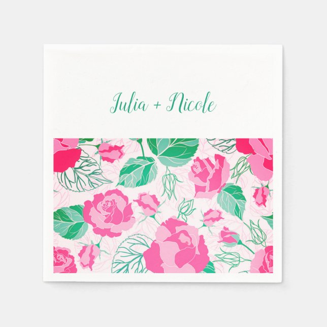 Pink Green Rose Petals Flowers Garden Wedding Napkins (Front)