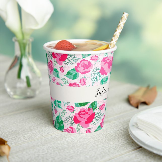 Pink Green Rose Petals Flowers Garden Wedding Paper Cups (Insitu)