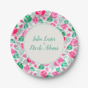 Pink Green Rose Petals Flowers Garden Wedding Paper Plates