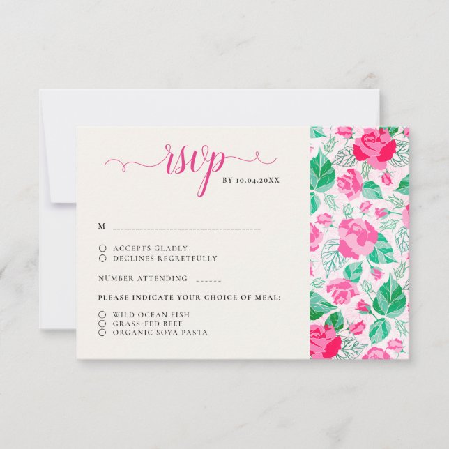 Pink Green Rose Petals Flowers Garden Wedding RSVP Card (Front)