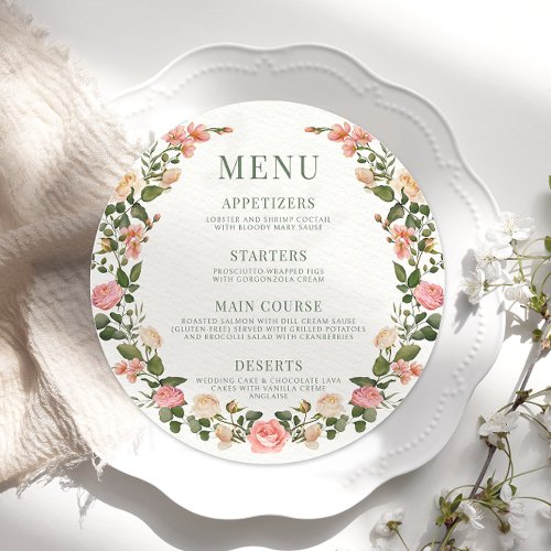 Pink green roses floral round Menu Card Plate
