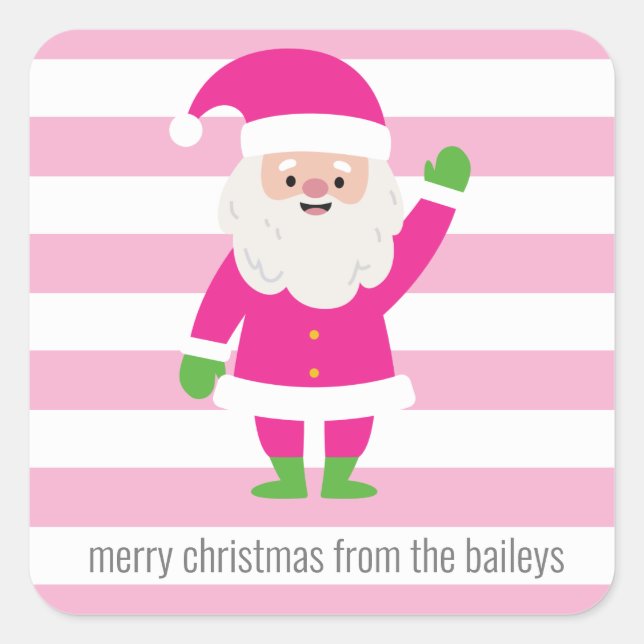 Pink & Green Santa Striped Christmas Gift Stickers (Front)