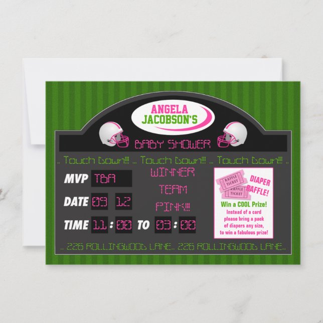 Pink Green Sports Football Scoreboard Baby Shower Invitation (Front)