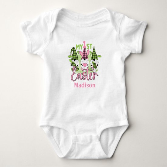 Pink Green Spring Easter Gnomes My First Easter Baby Bodysuit
