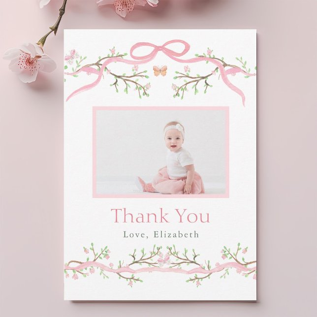 Pink & Green Spring Garden 1st Birthday Photo  Thank You Card (Creator Uploaded)