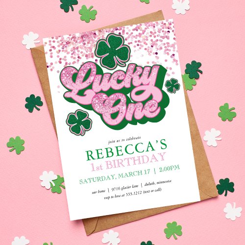 Pink Green St Patricks Lucky One First Birthday Invitation