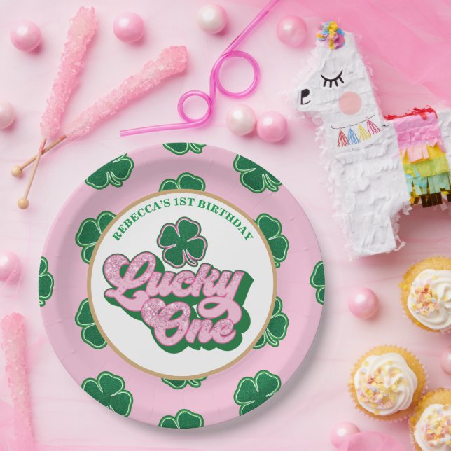 Pink Green St. Patrick'S Lucky One First Birthday Paper Plates (Party)