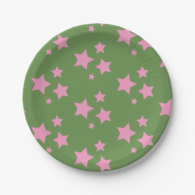 Pink Green Stars Kids Baby Circus Party Paper Plates (Front)
