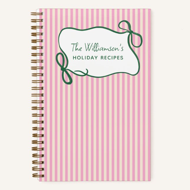 Pink Green Striped Bow Custom Christmas Recipe Notebook (Front)