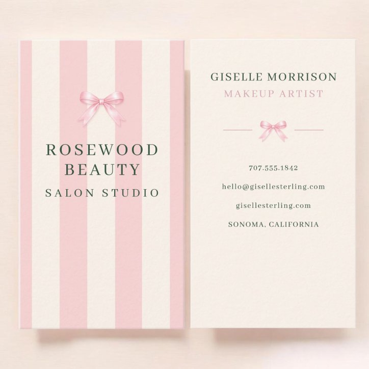 Pink Green Striped Bow Makeup Artist Business Card