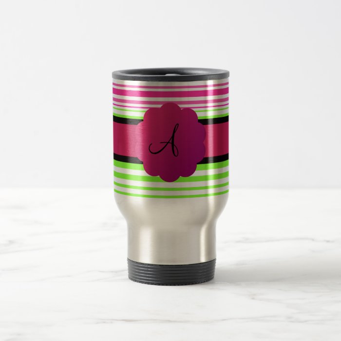 Pink green striped monogram coffee mug