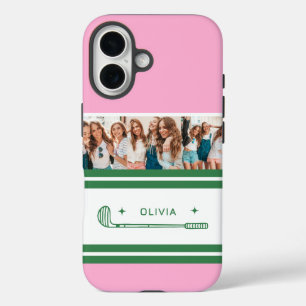 Pink & Green Striped personalised retro gift iPhone 16 Case