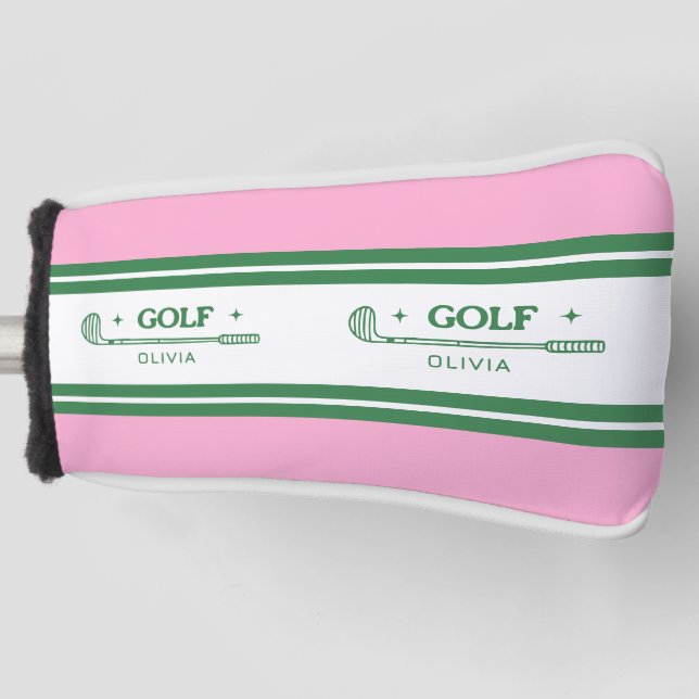 Pink & Green Striped personalised retro gift Golf Head Cover (Front)