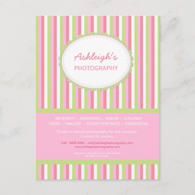 Pink Green Striped Photographer Business Card (Front)