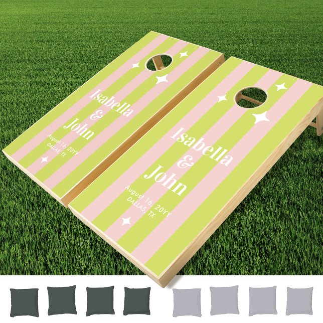 Pink Green Striped Wedding Cornhole Set (Personalize with names, date, place, or your preferred text. Choose 2 color bags.)